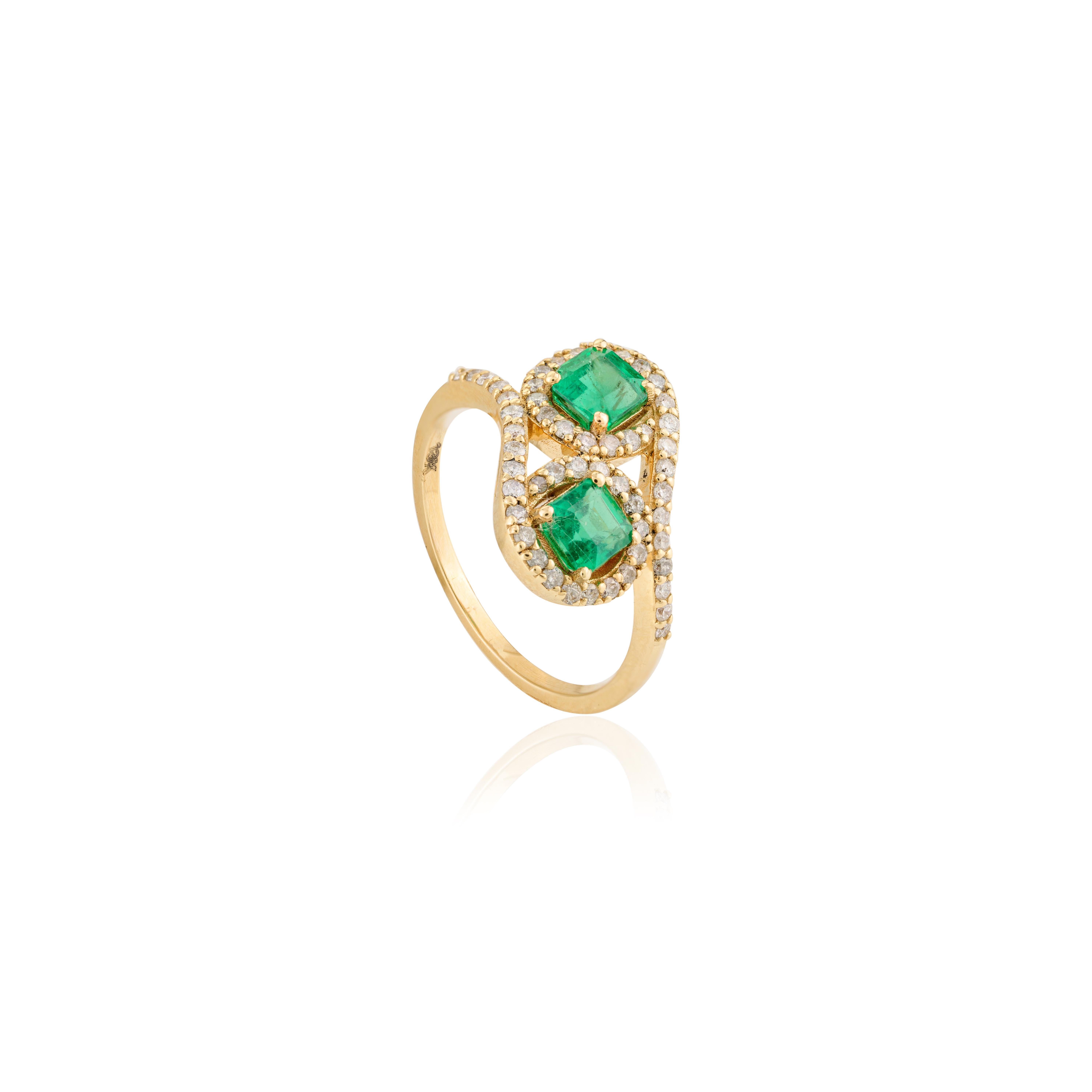 For Sale:  Two Stone Emerald Halo Wedding Ring Gift for Her in 18k Solid Yellow Gold 7