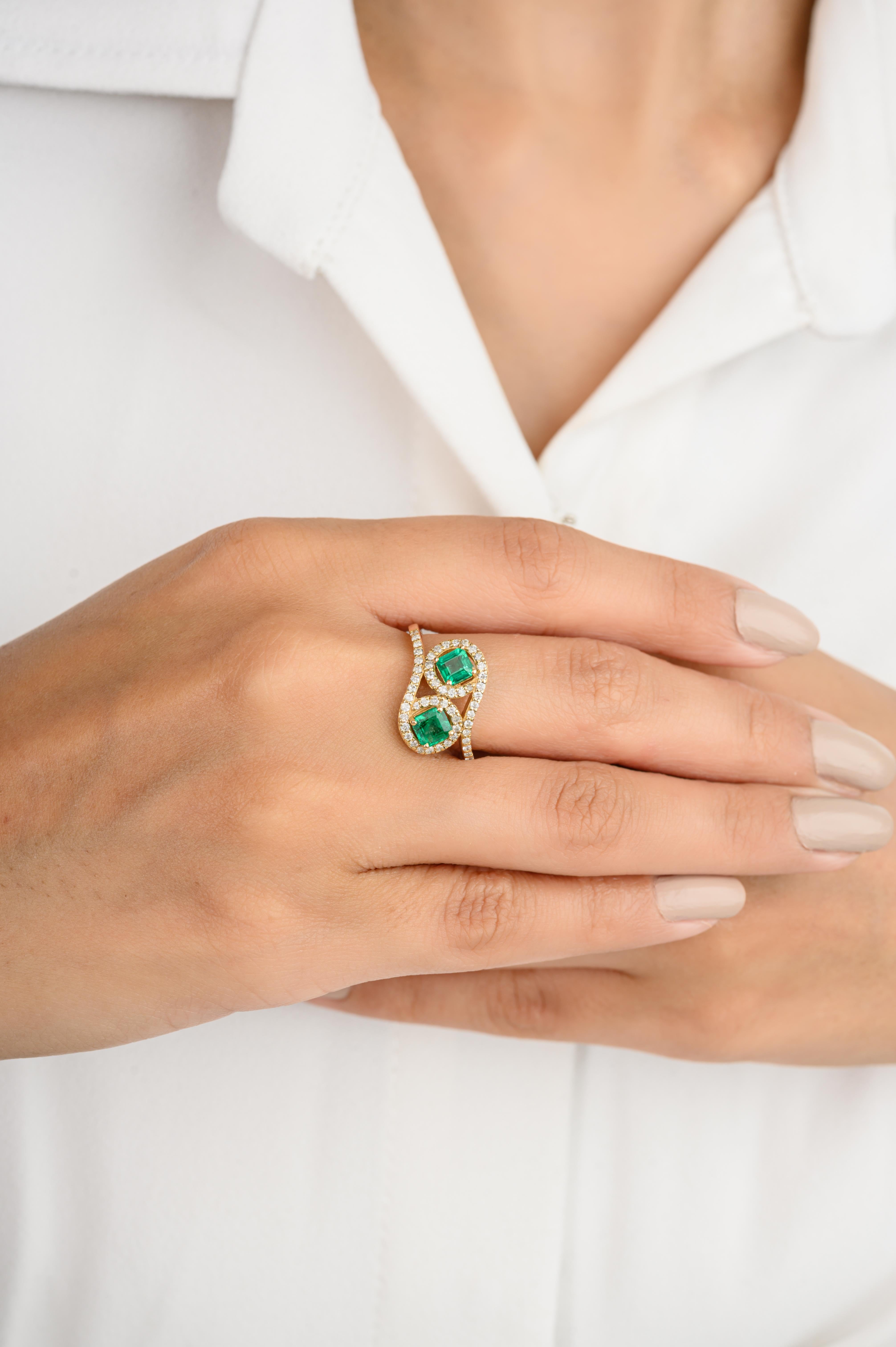 For Sale:  Two Stone Emerald Halo Wedding Ring Gift for Her in 18k Solid Yellow Gold 8