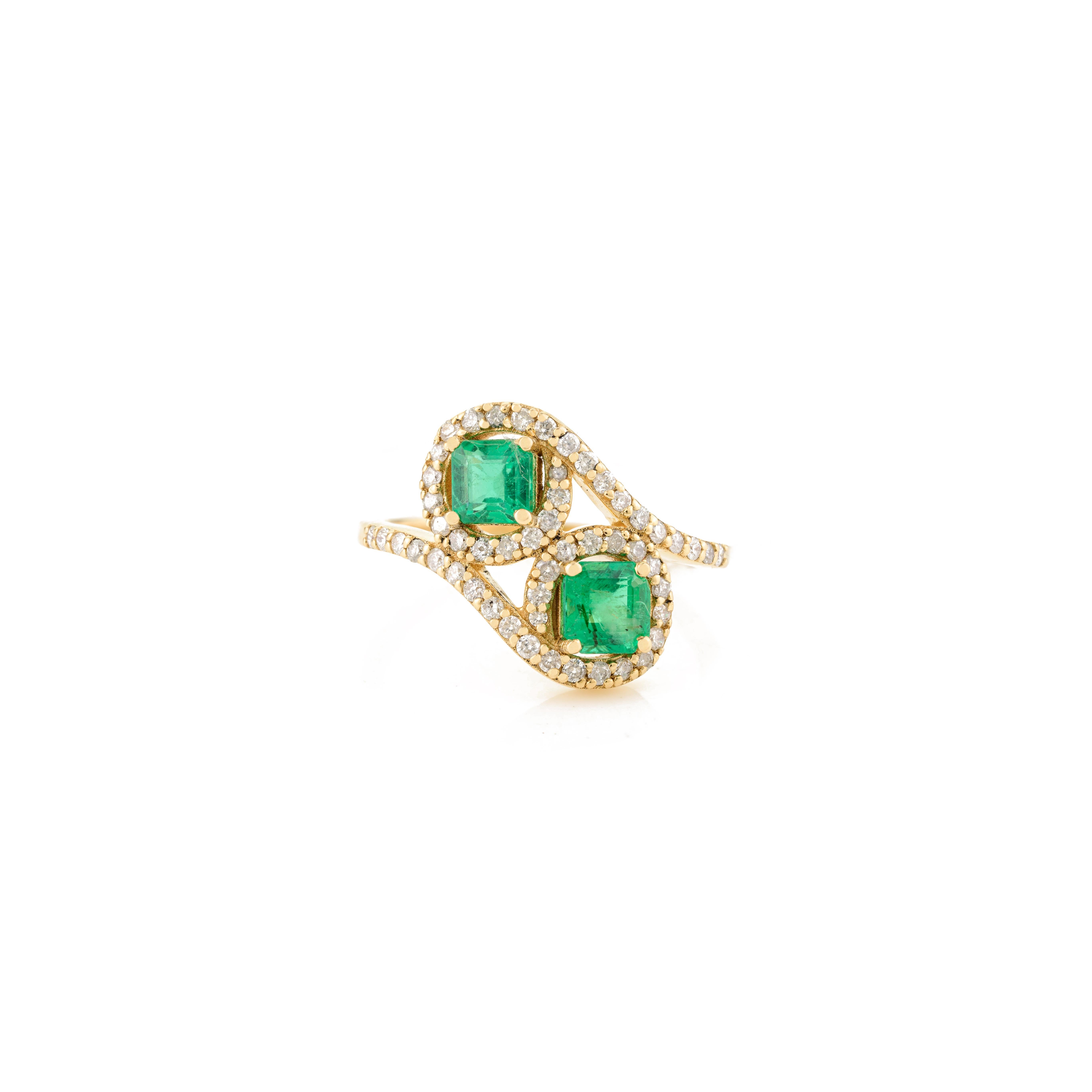 For Sale:  Two Stone Emerald Halo Wedding Ring Gift for Her in 18k Solid Yellow Gold 9