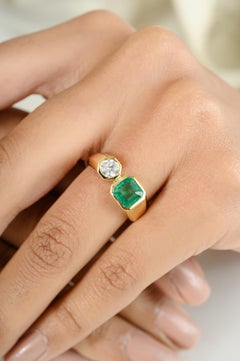 Two Stone Genuine Cushion Emerald Diamond Ring for Her in 18K Solid Yellow Gold