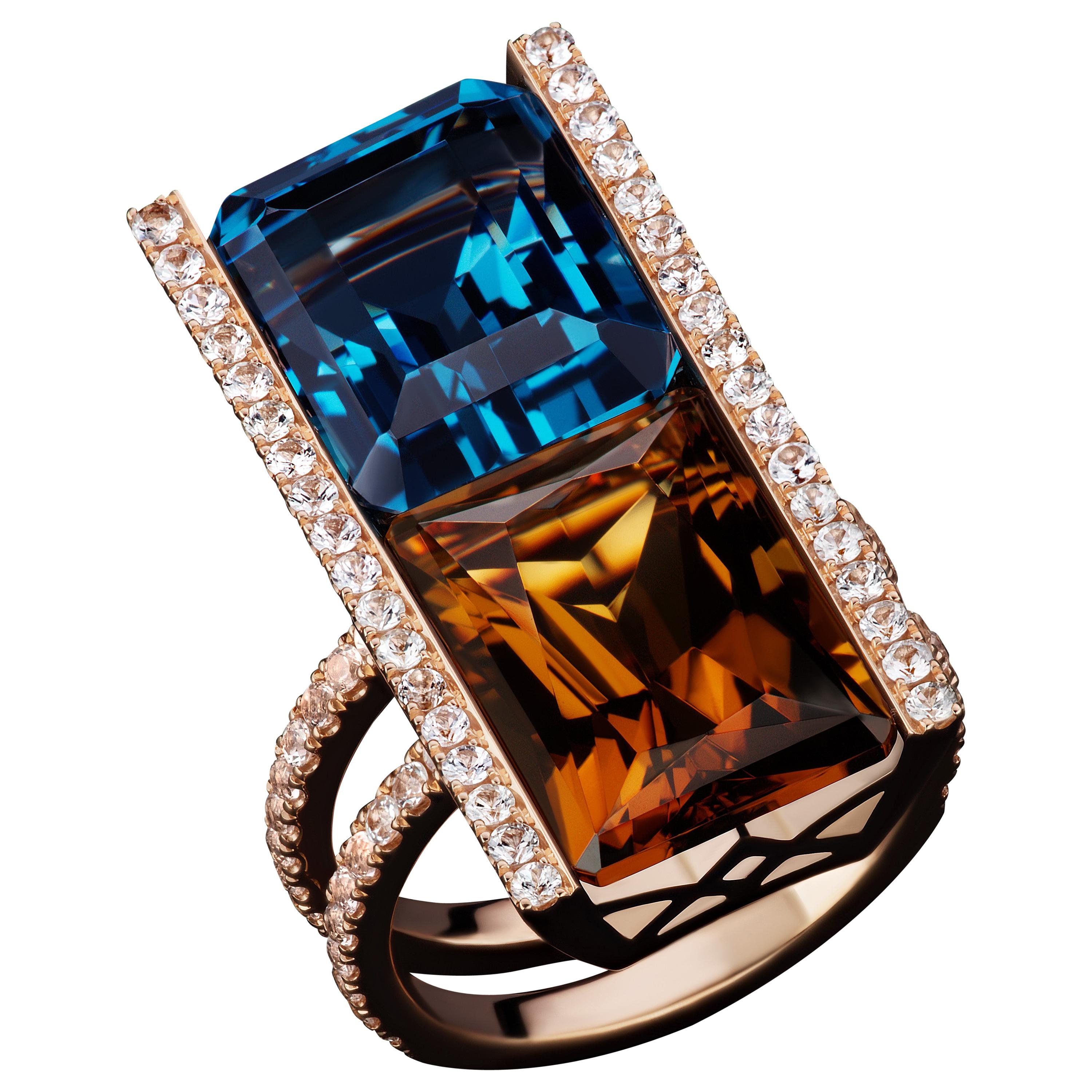 JAG New York 20 Karat Blue Topaz, Cinnamon Quartz and White Sapphire Ring  For Sale