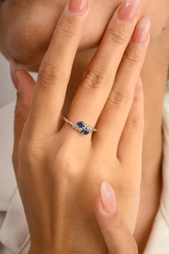 Two Stone Natural Blue Sapphire Women Ring with Diamonds in 14k White Gold