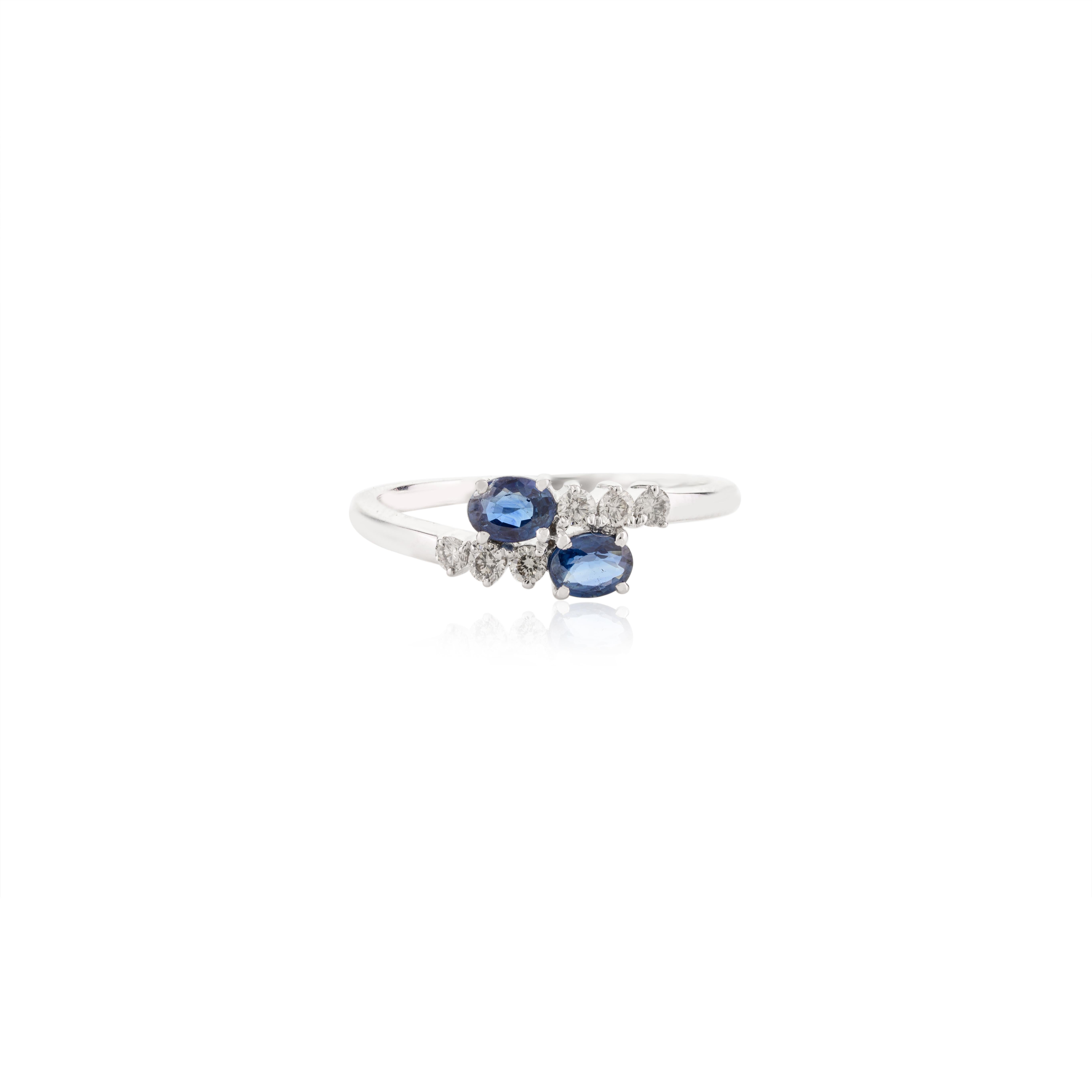 For Sale:  Two Stone Natural Blue Sapphire Women Ring with Diamonds in 14k White Gold 7