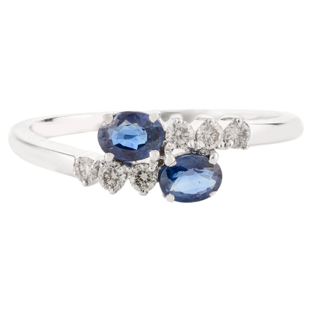 Two Stone Natural Blue Sapphire Women Ring with Diamonds in 14k White Gold