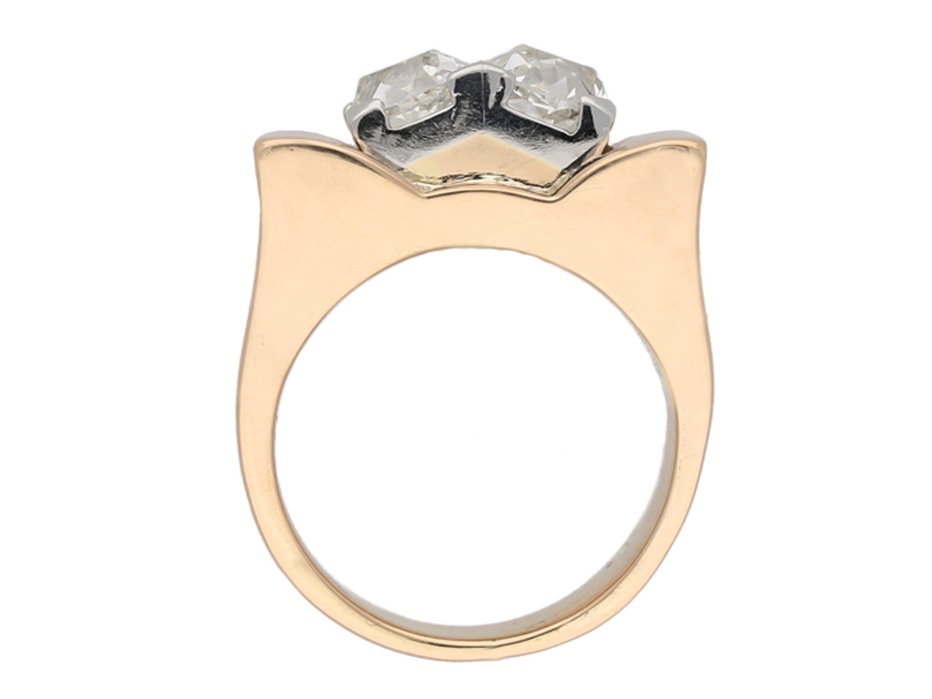 Cushion Cut Two stone old mine diamond cocktail ring, French, circa 1940 For Sale