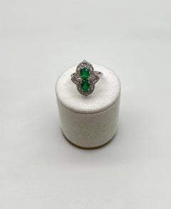 Two Stone Oval Shape Green Emerald Diamond Pave Halo Shield 14K White Gold Ring