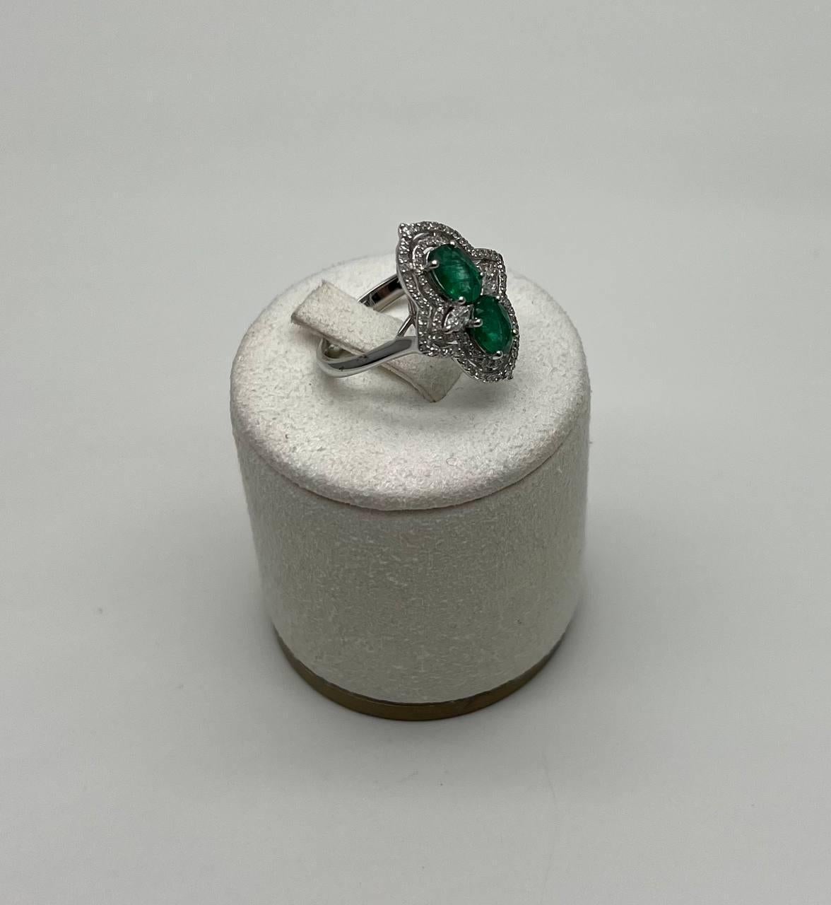 Oval Cut Two Stone Oval Shape Green Emerald Diamond Pave Halo Shield 14K White Gold Ring For Sale