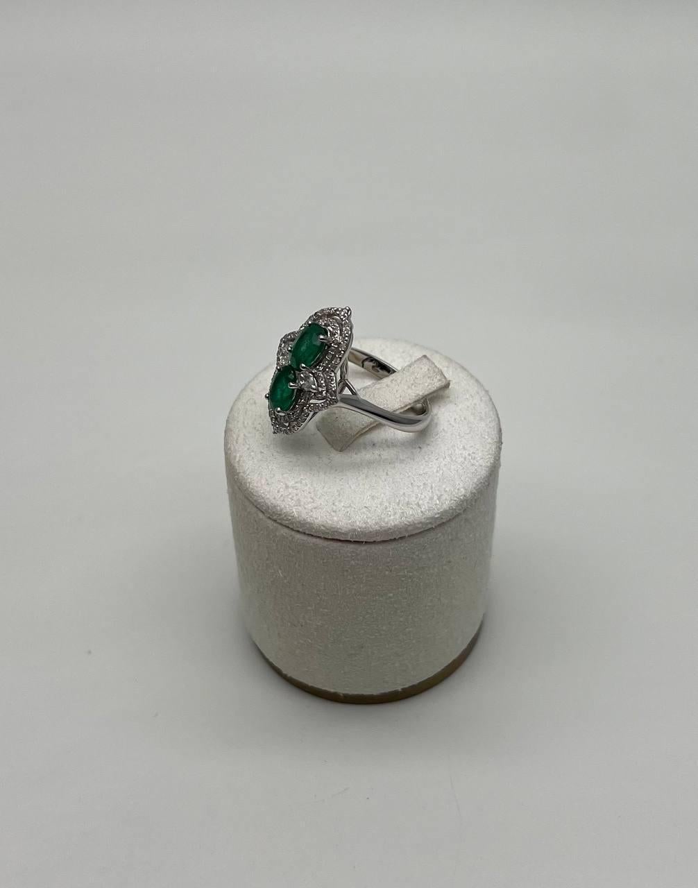 Two Stone Oval Shape Green Emerald Diamond Pave Halo Shield 14K White Gold Ring In New Condition For Sale In Oakton, VA