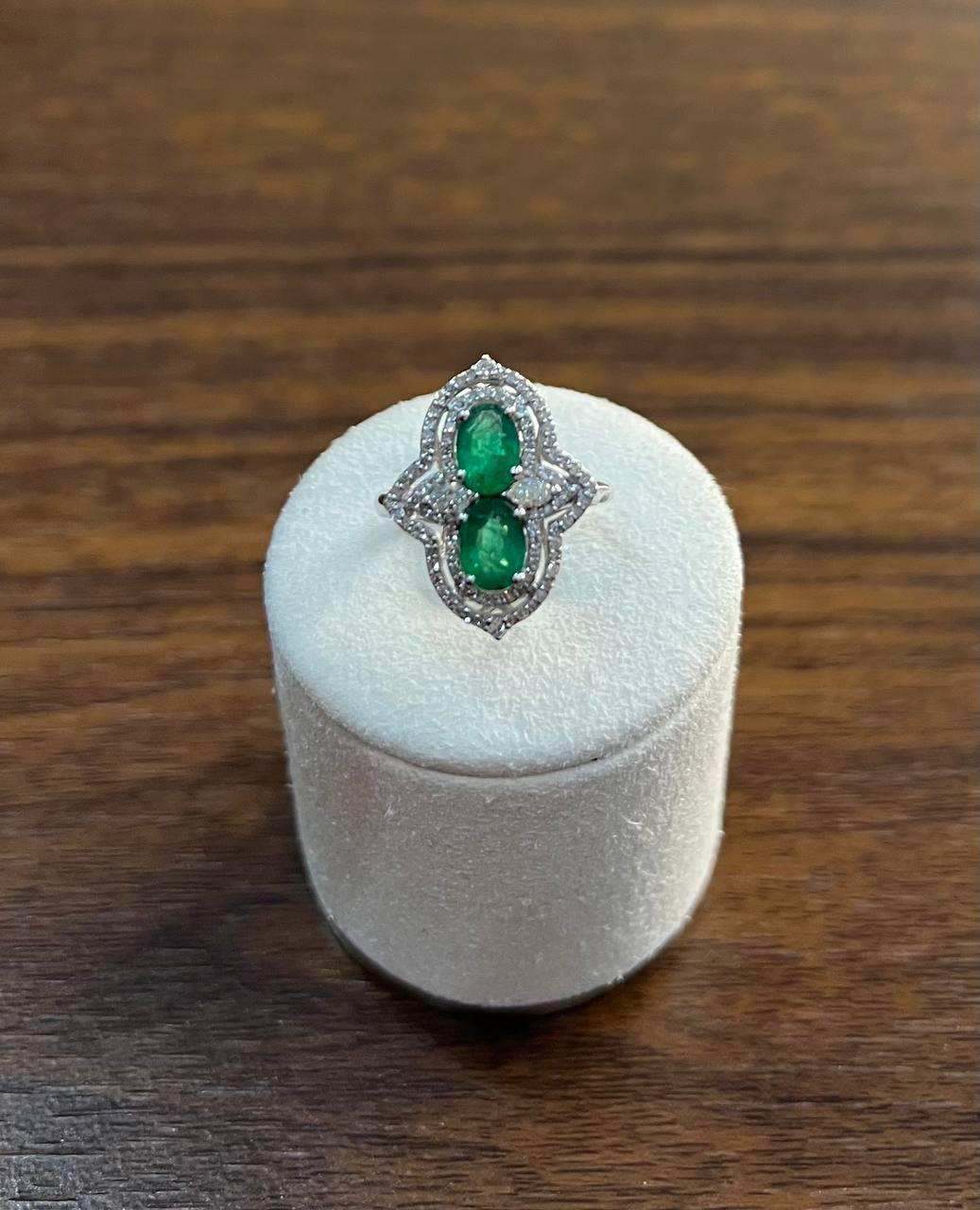 Women's Two Stone Oval Shape Green Emerald Diamond Pave Halo Shield 14K White Gold Ring For Sale