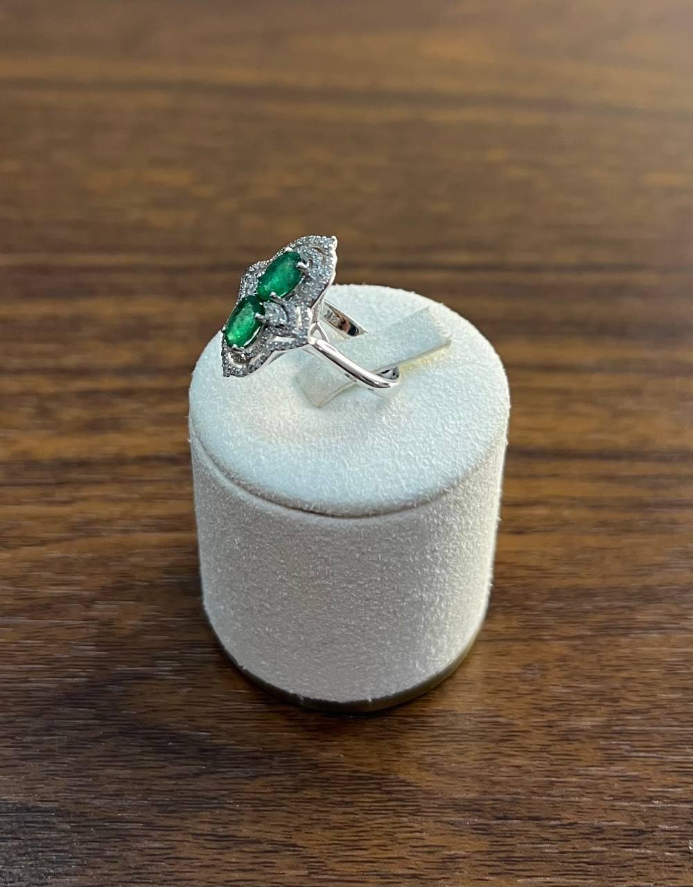 Two Stone Oval Shape Green Emerald Diamond Pave Halo Shield 14K White Gold Ring For Sale 2
