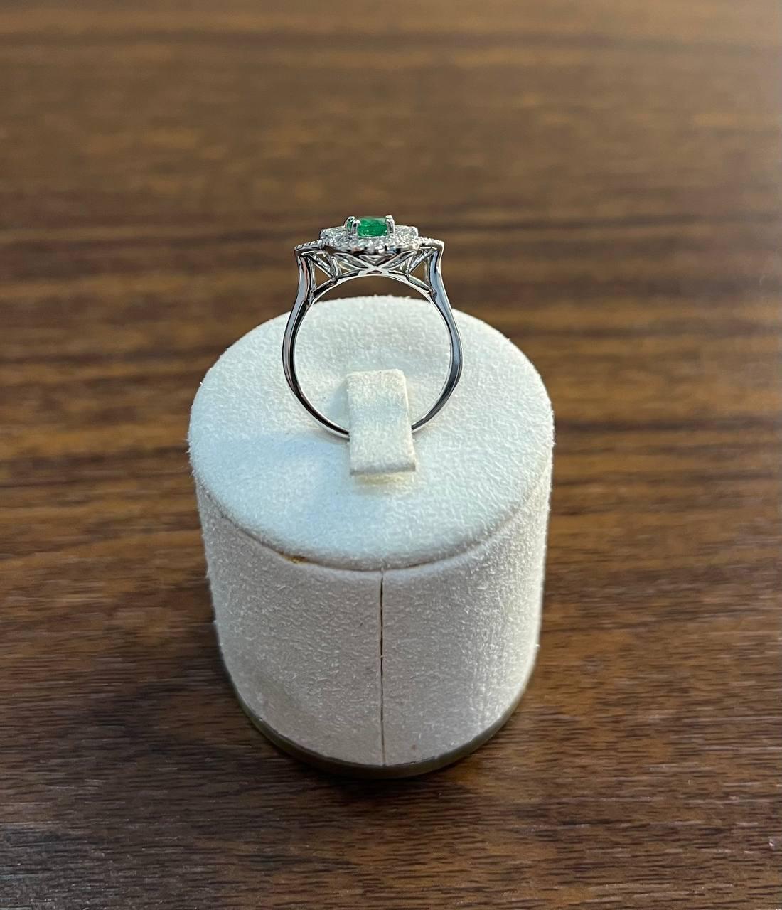 Two Stone Oval Shape Green Emerald Diamond Pave Halo Shield 14K White Gold Ring For Sale 3