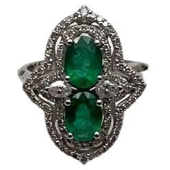 Two Stone Oval Shape Green Emerald Diamond Pave Halo Shield 14K White Gold Ring