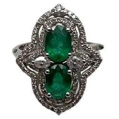 Two Stone Oval Shape Green Emerald Diamond Pave Halo Shield 14K White Gold Ring