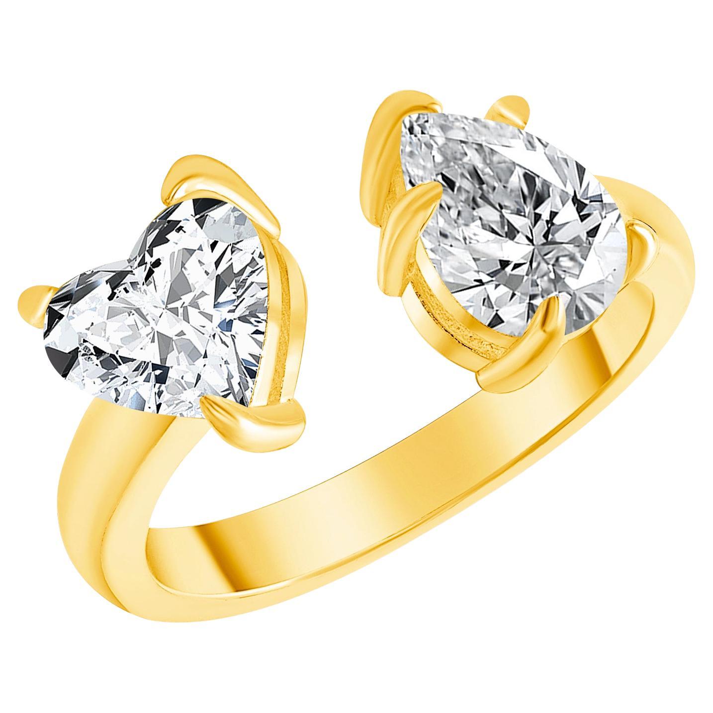 Zweistein-Verlobungsring mit Diamanten im Birnenschliff und herzförmigem Diamant 1,00 Karat