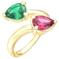 Two-Stone Pear Cut Ruby and Colombian Emerald Engagement Ring 14K Yellow Gold