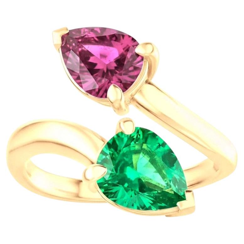 Two-Stone Pear Cut Ruby and Colombian Emerald Engagement Ring 14K Yellow Gold
