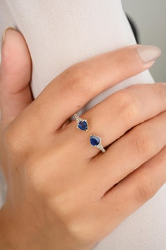 Two Stone Pear Cut Sapphire Diamond Open Stackable Ring in 14k Solid Yellow Gold
