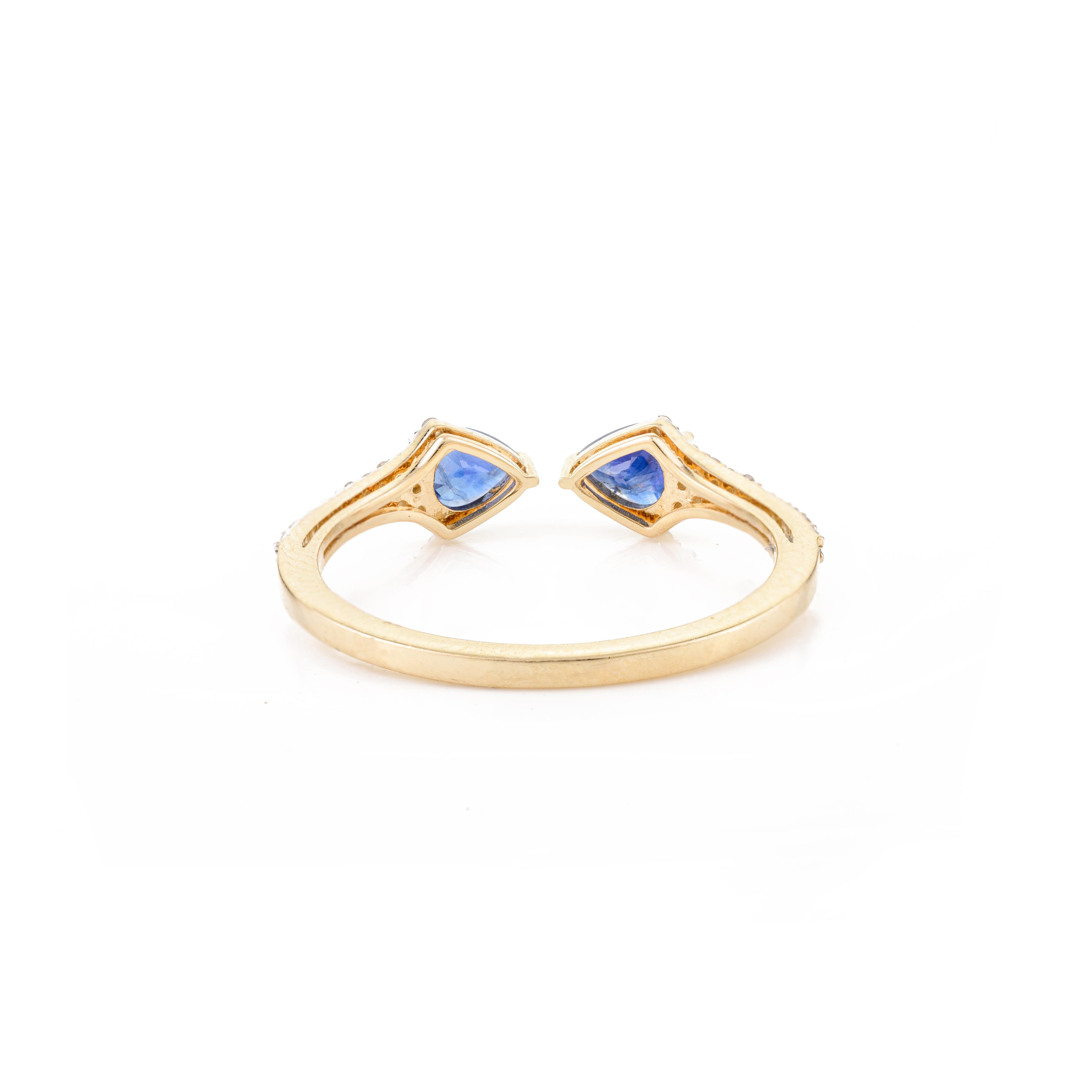 En vente :  Bague empilable à deux pierres en or jaune massif 14k, saphir taillé en poire et diamant 5