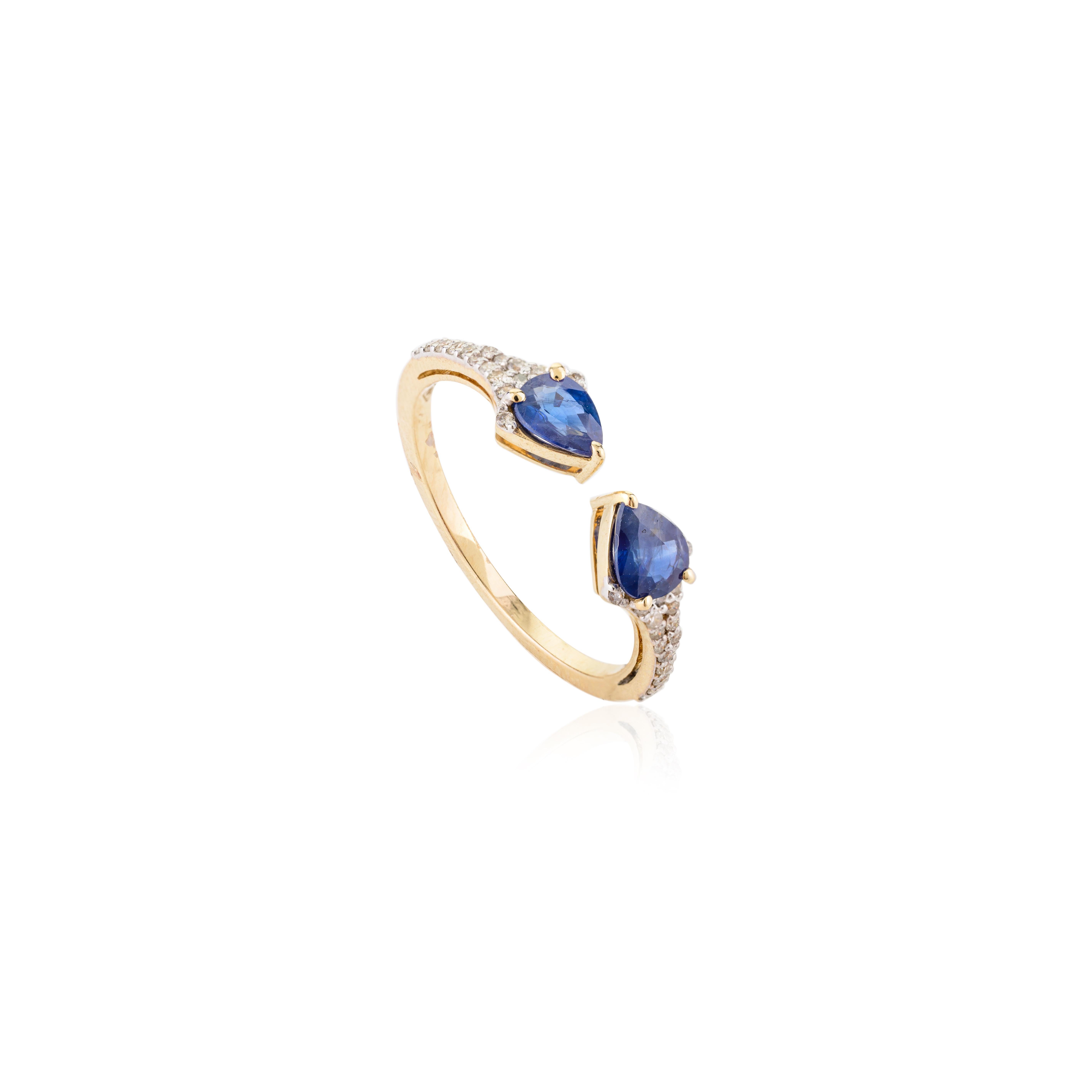 En vente :  Bague empilable à deux pierres en or jaune massif 14k, saphir taillé en poire et diamant 9