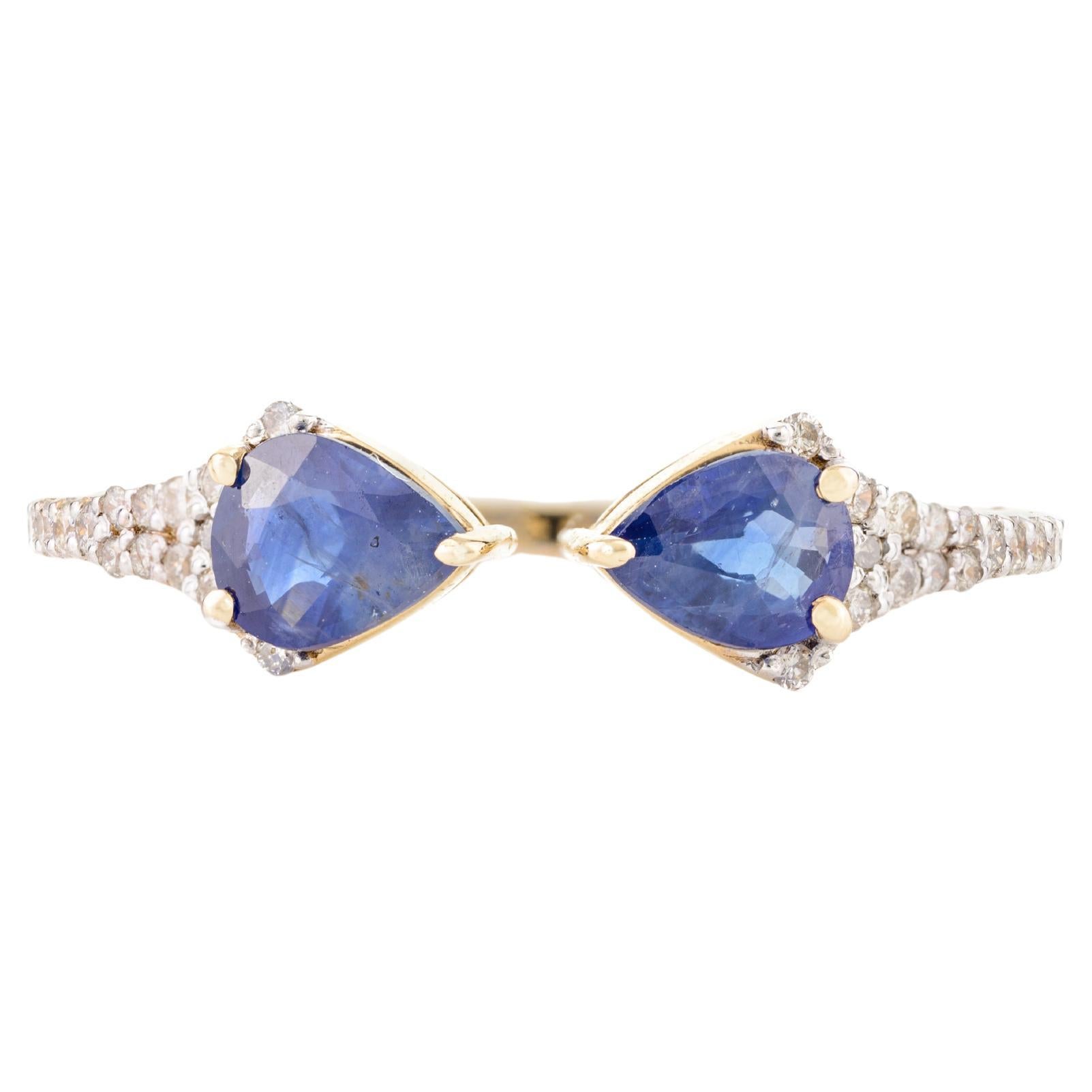 Zwei Stein Birnenschliff Saphir Diamant offener stapelbarer Ring in 14k massivem Gelbgold