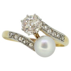 Two Stone Pearl and Diamond Crossover Ring
