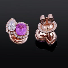 Two stone Pink Sapphire and Pear Shape Diamond Earrings in 18k Rose Gold