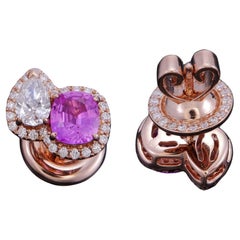 Two stone Pink Sapphire and Pear Shape Diamond Earrings in 18k Rose Gold