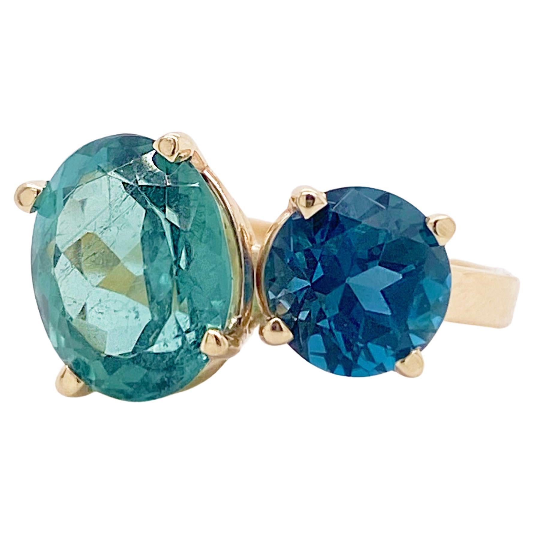 Two Stone Ring Natural Gemstones Tourmaline and Blue Zircon 14k Gold Sizable