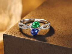 Vivid Blue Sapphire and Emerald Toi et Moi Diamond Ring