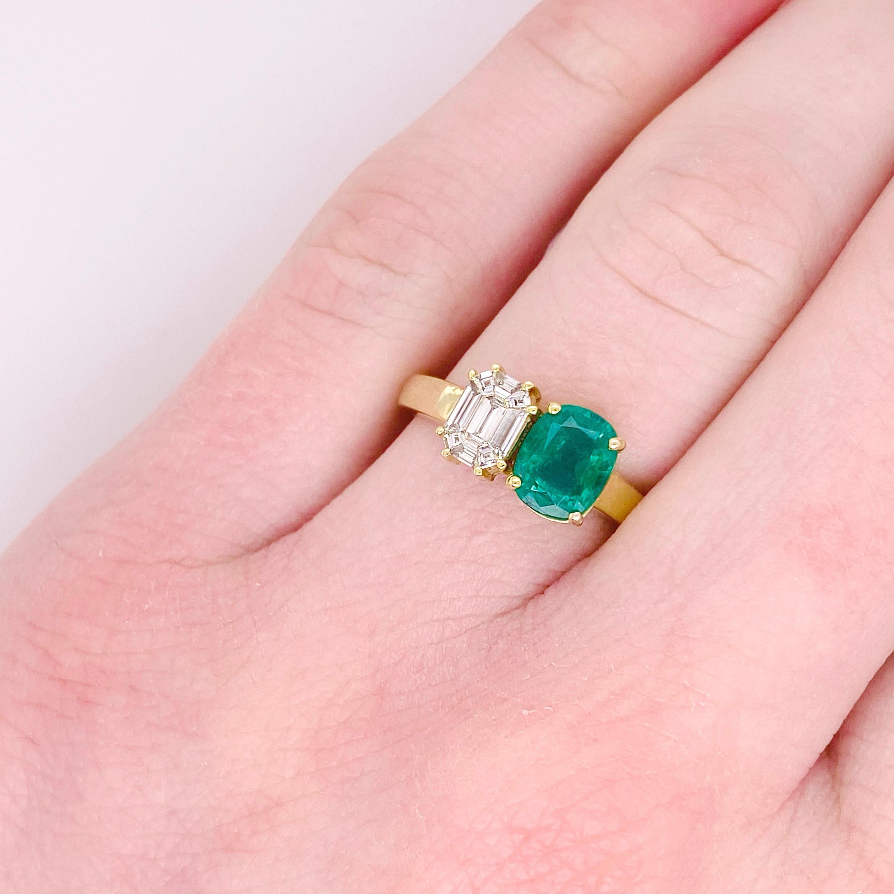 A vibrant emerald paired with a clean emerald cut diamond is one of the most popular designs of 2022, largely promoted by Megan Fox's engagement ring. These stones partnered together make a beautiful design perfect for a modern engagement ring or a