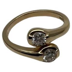 Two Stone Round Diamond Bypass 14K Yellow Gold Statement Ring