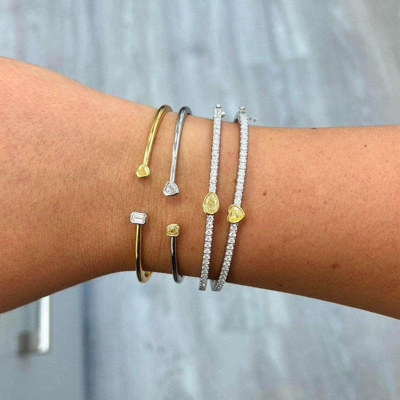 Radiant Cut Rare Colors - Two-Stone Yellow and White Diamond Bezel Set Bangle For Sale