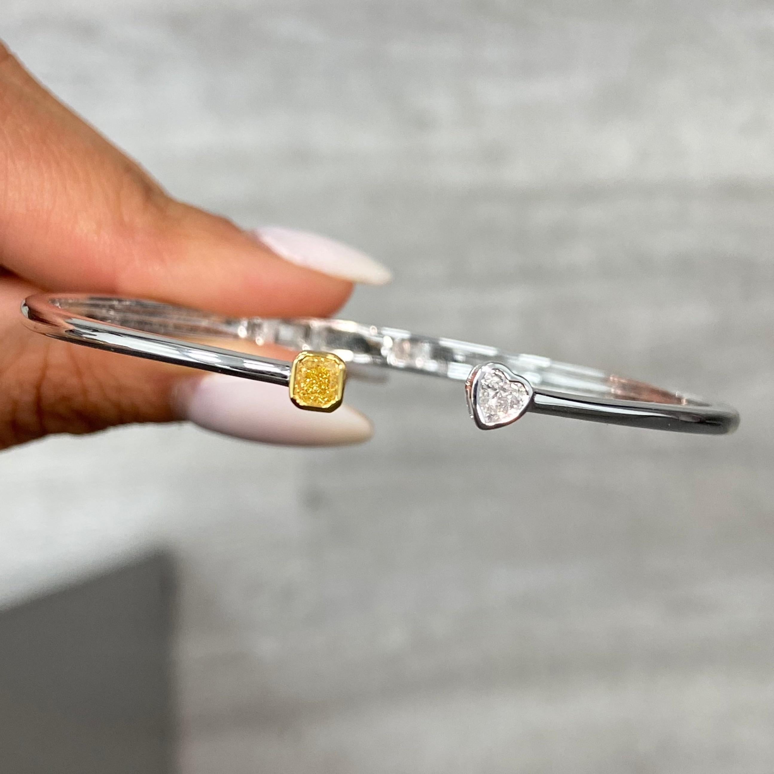 Rare Colors - Two-Stone Yellow and White Diamond Bezel Set Bangle In New Condition For Sale In New York, NY