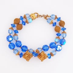 Two Strand AB Blue Bead Bracelet With Gold Accents By Eugene Schultz, 1950s
