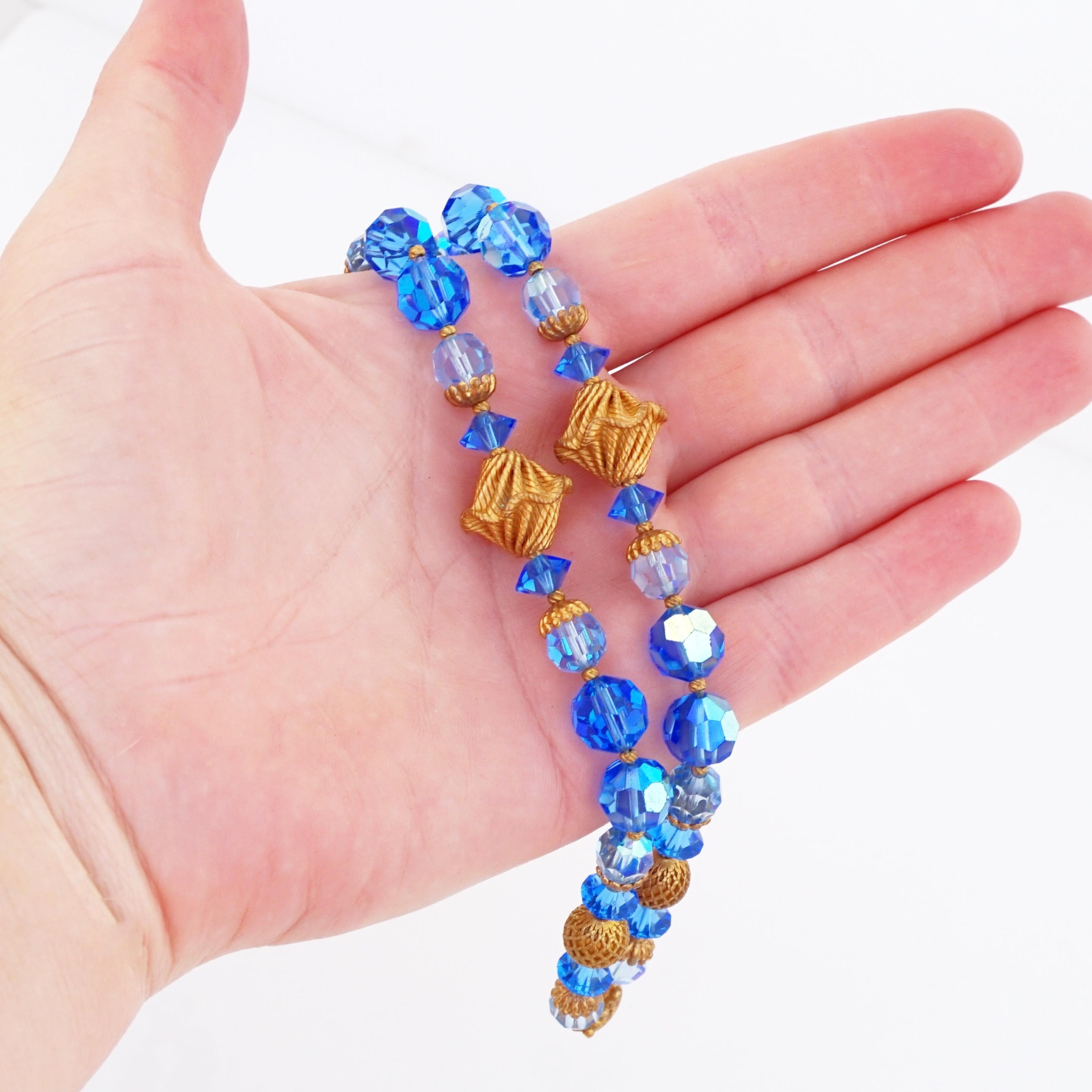 Two Strand AB Blue Bead Bracelet With Gold Accents By Eugene Schultz, 1950s In Good Condition For Sale In McKinney, TX