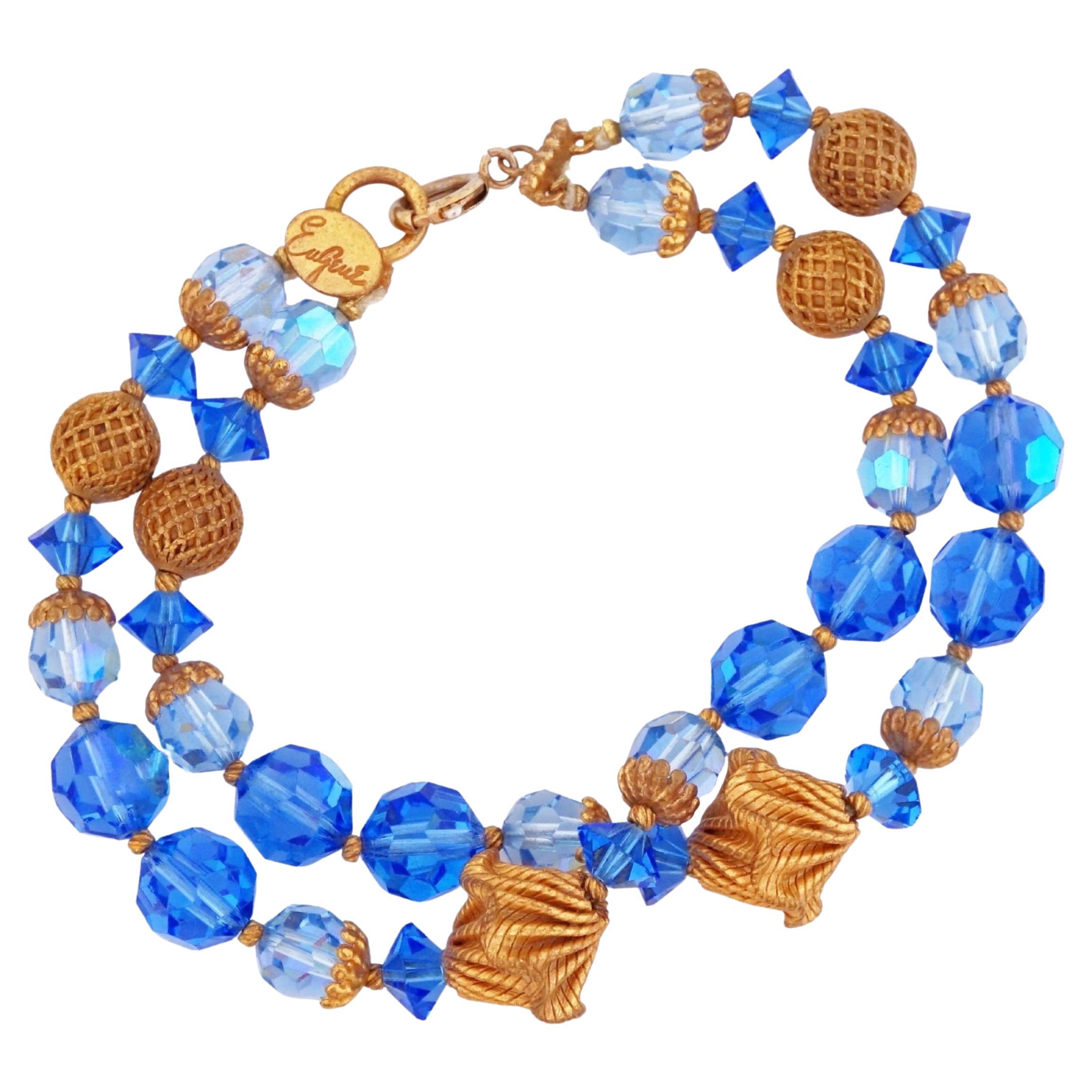 Two Strand AB Blue Bead Bracelet With Gold Accents By Eugene Schultz, 1950s For Sale