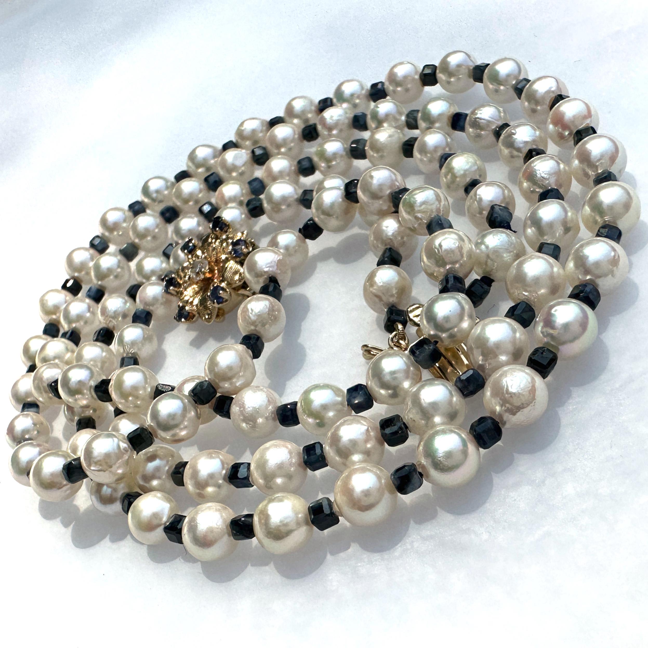 Two-Strand Akoya Pearl Choker Necklace with Sapphire Spacers & 14K Diamond Clasp In Excellent Condition For Sale In Sherman Oaks, CA