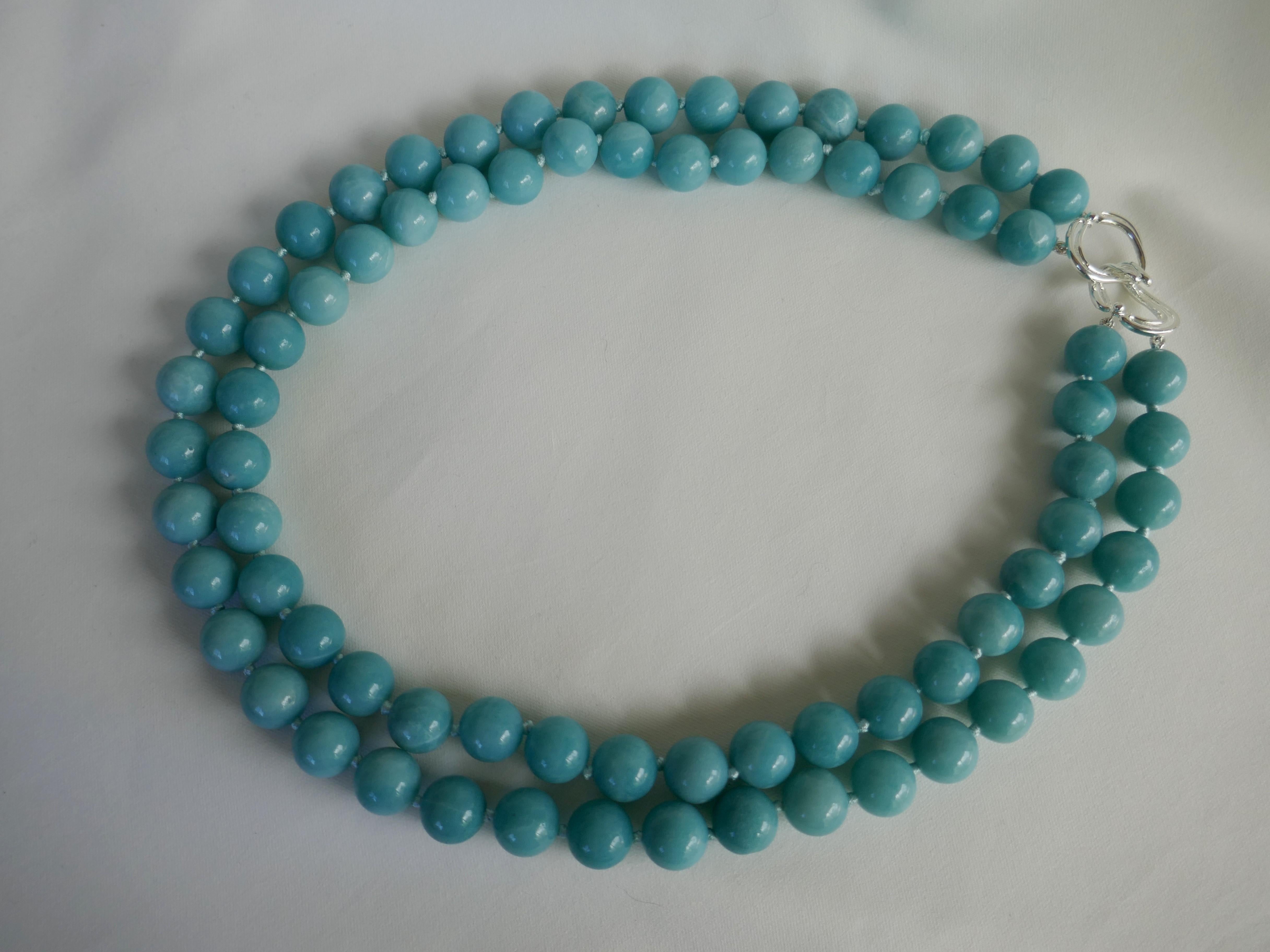 Two Strand Amazonite (turquoise color) 925 Sterling Silver Gemstone Necklace In New Condition For Sale In Coral Gables, FL