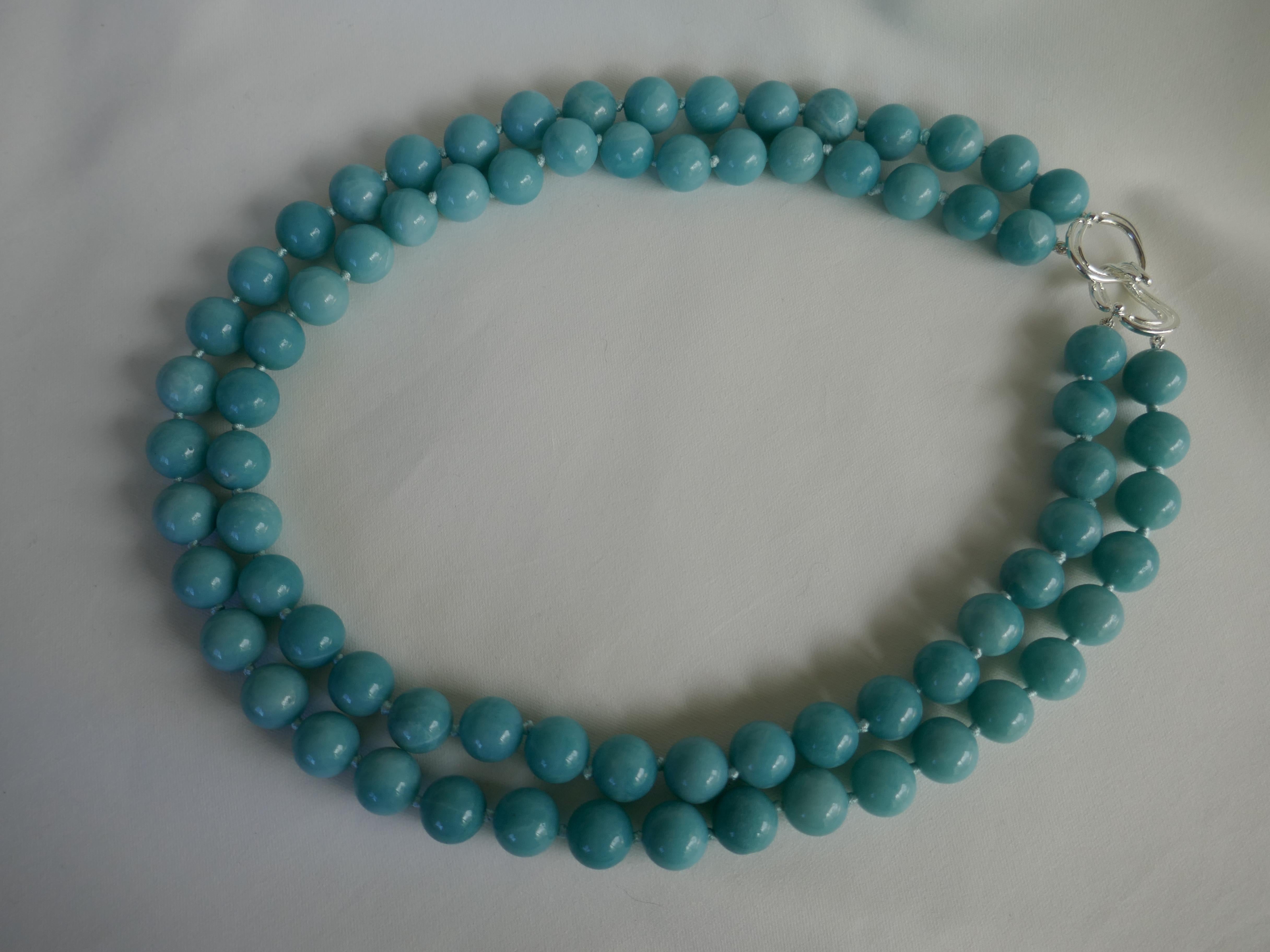Women's Two Strand Amazonite (turquoise color) 925 Sterling Silver Gemstone Necklace For Sale