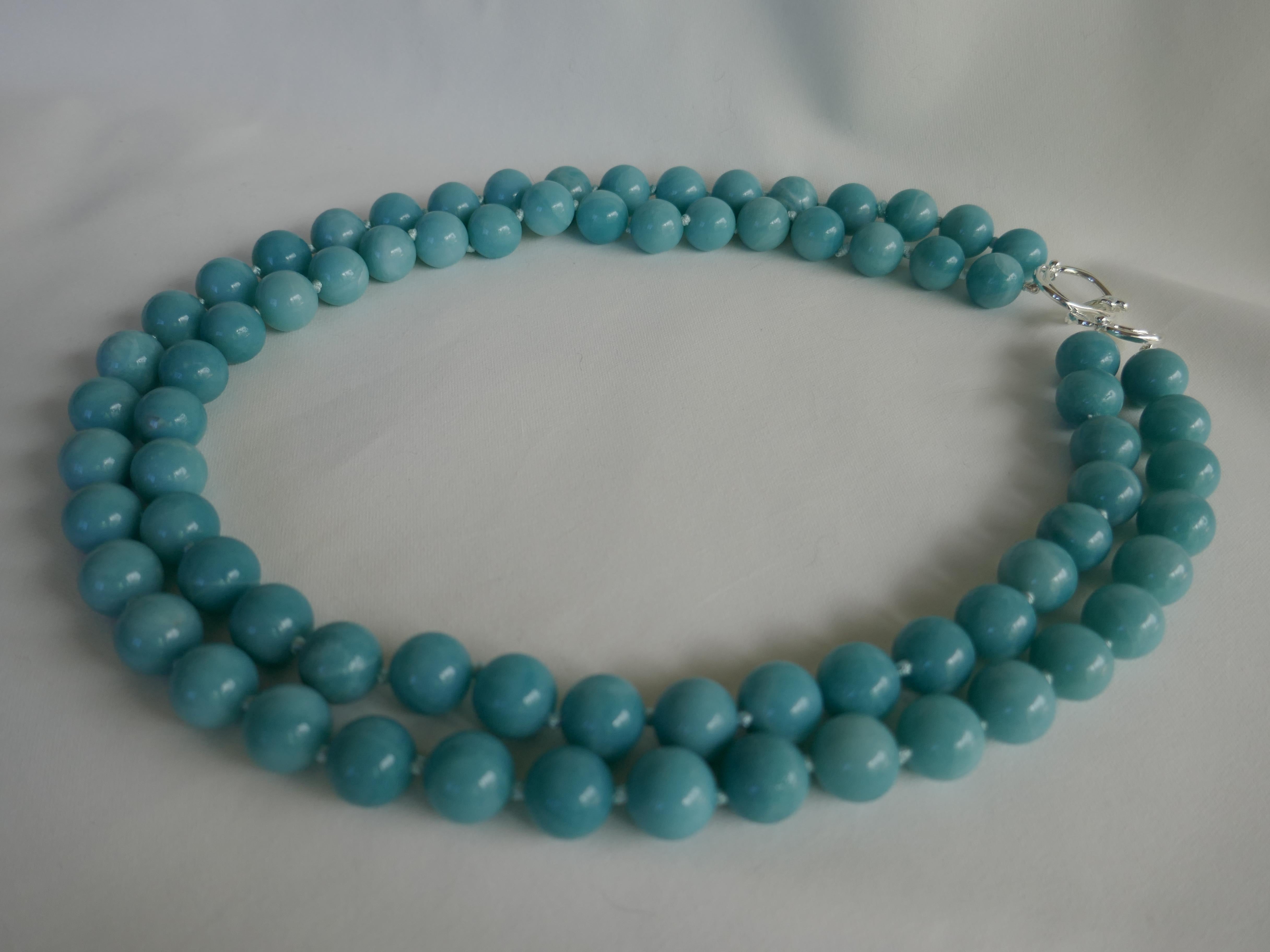Two Strand Amazonite (turquoise color) 925 Sterling Silver Gemstone Necklace For Sale 1
