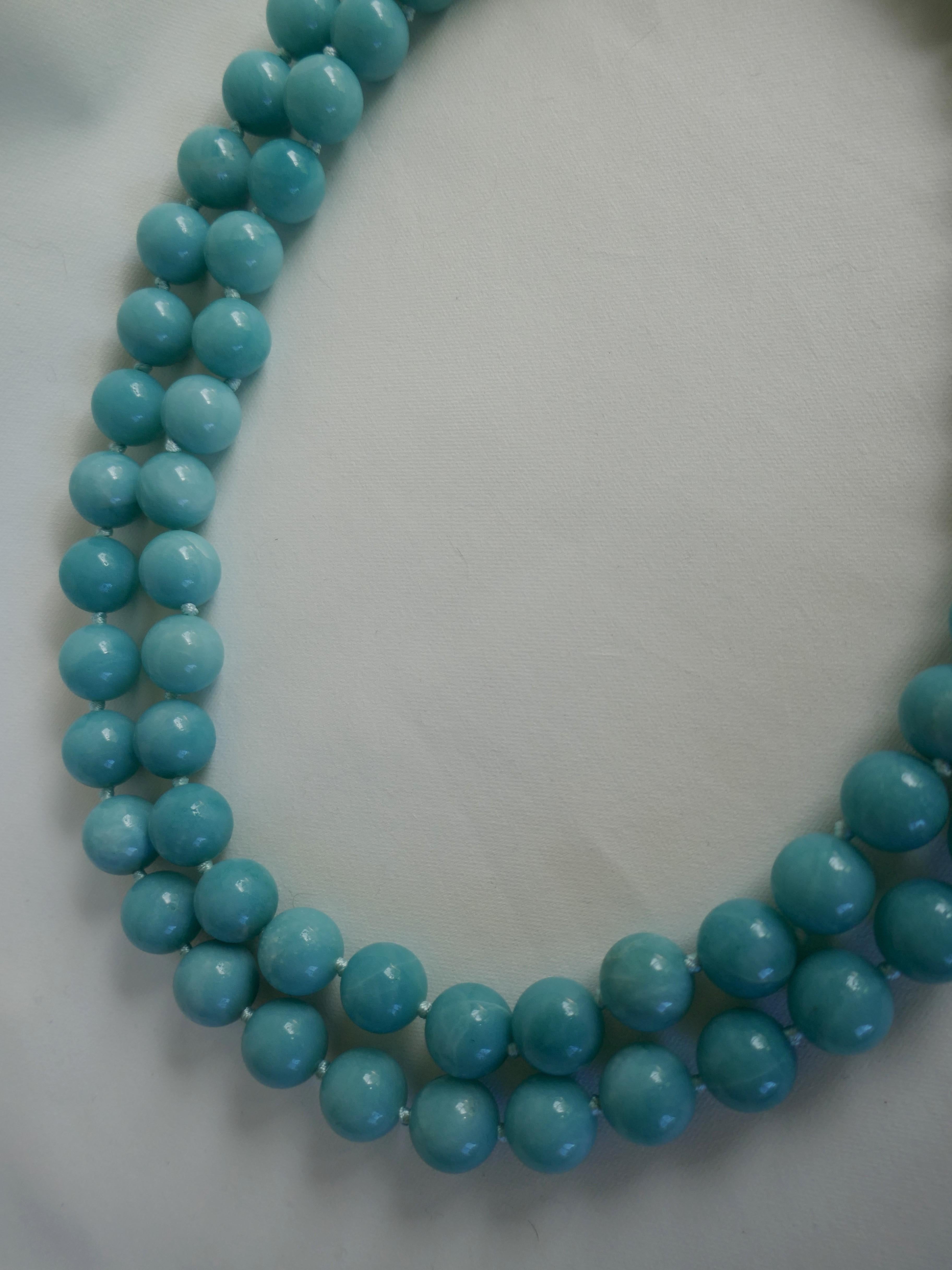 Two Strand Amazonite (turquoise color) 925 Sterling Silver Gemstone Necklace For Sale 3