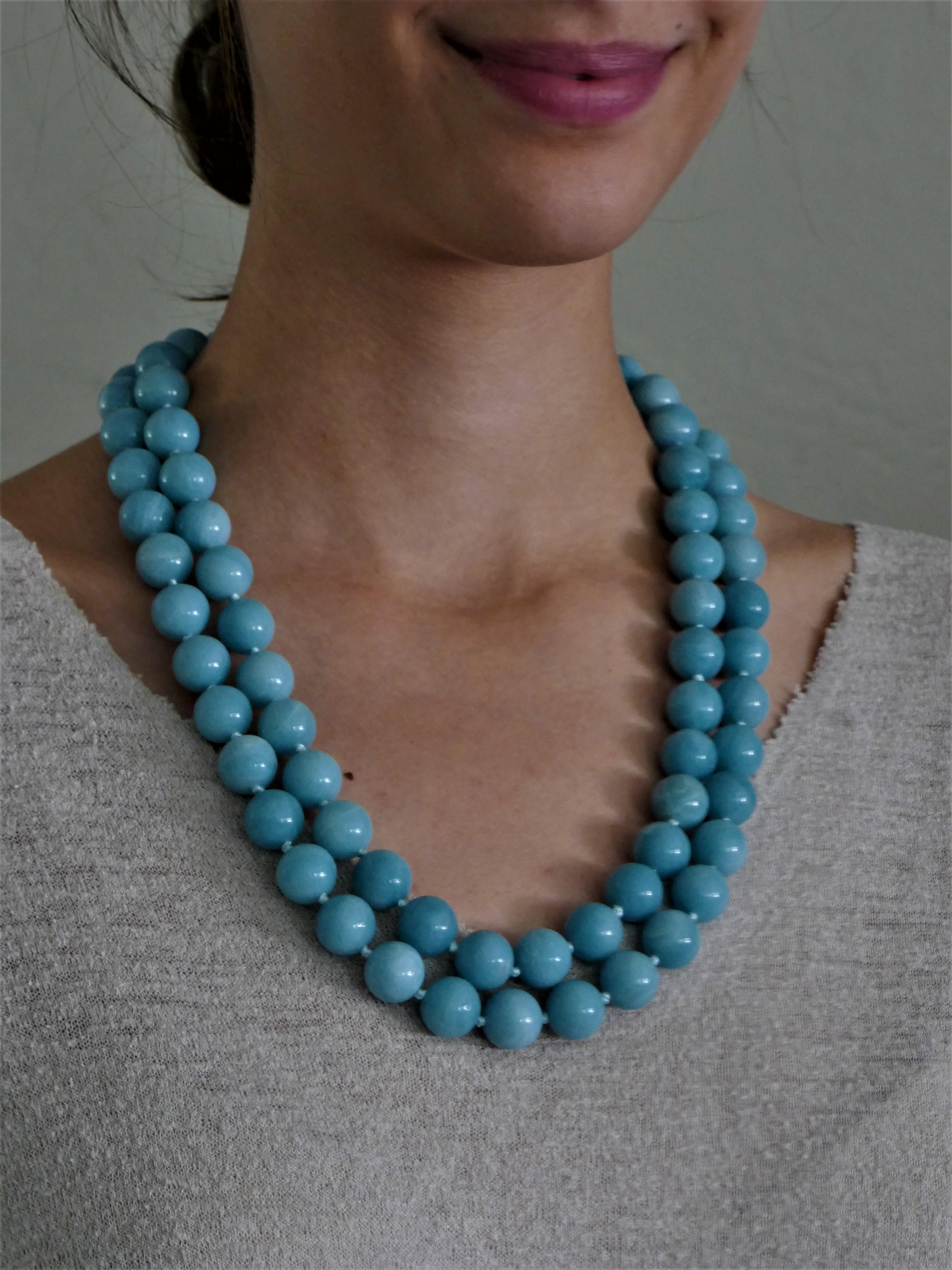 Two Strand Amazonite (turquoise color) 925 Sterling Silver Gemstone Necklace For Sale 4