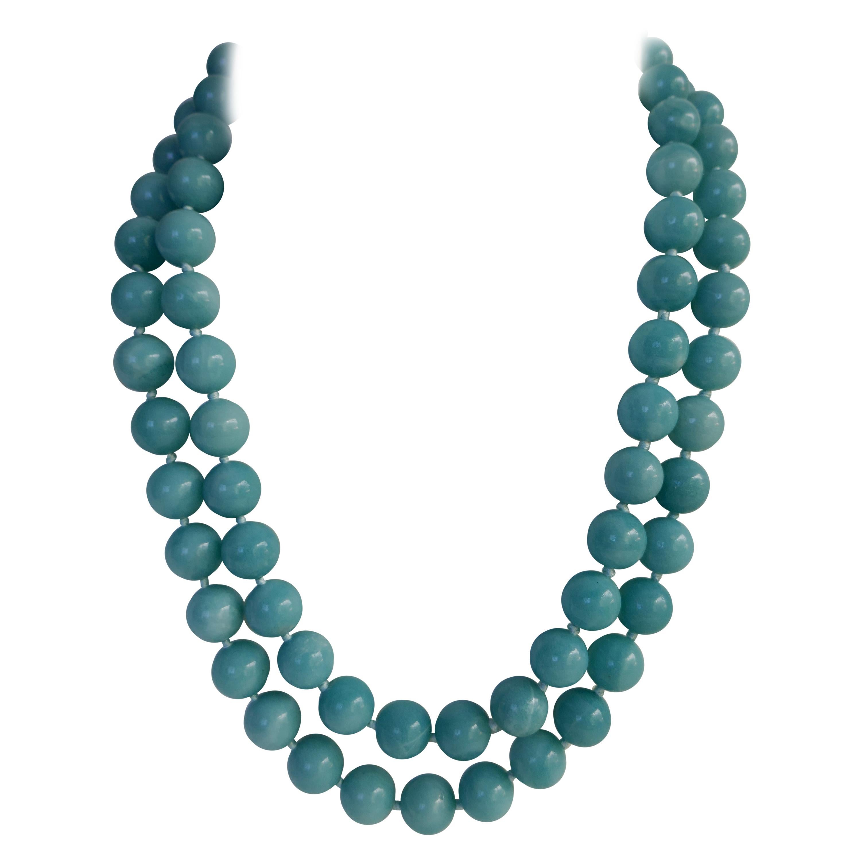 Two Strand Amazonite (turquoise color) 925 Sterling Silver Gemstone Necklace For Sale