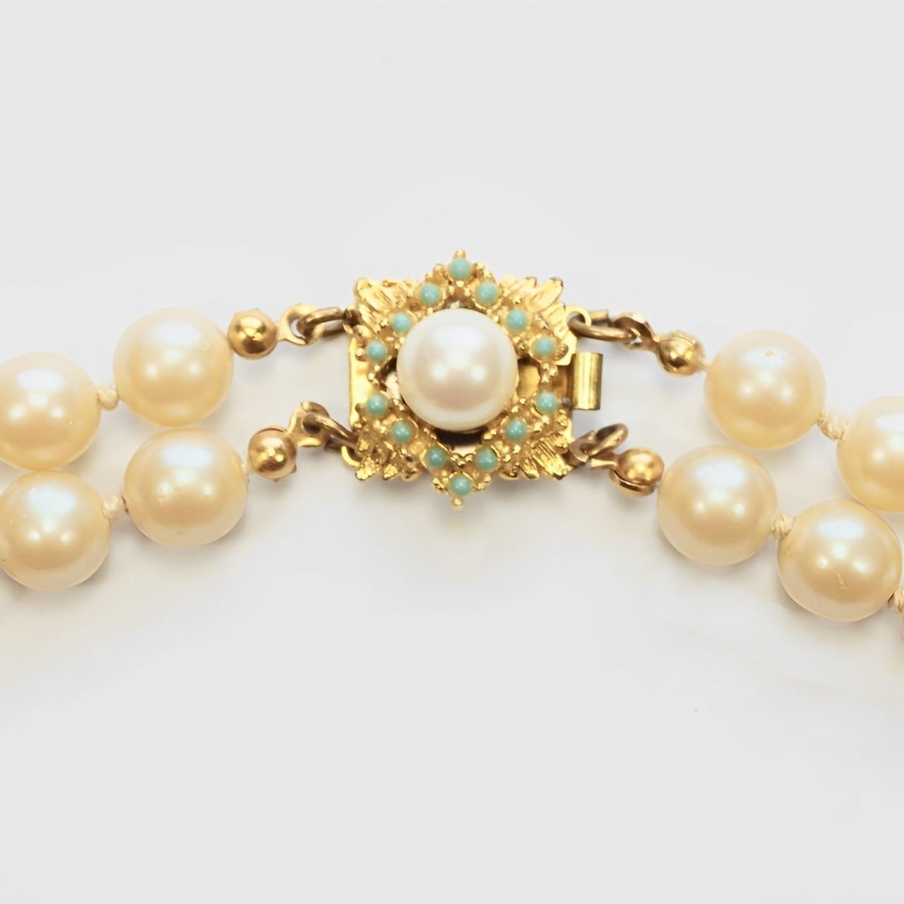 Women's or Men's Two Strand Cream Glass Pearl Necklace with a Faux Pearl and Faux Turquoise Clasp For Sale