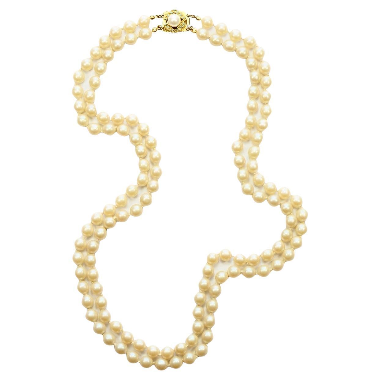 Two Strand Cream Glass Pearl Necklace with a Faux Pearl and Faux Turquoise Clasp For Sale