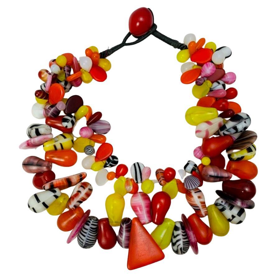 Two Strand Glass Multicolored Mali African Fulani Wedding Bead Necklace For Sale