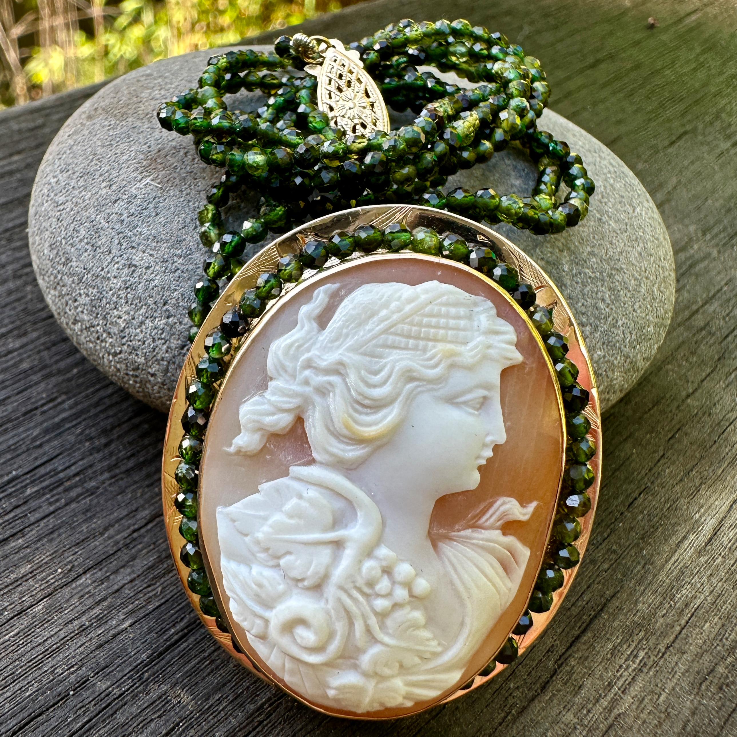 Two-Strand Green Tourmaline Choker with Circa 1900 Bacchante Cameo Pendant For Sale 4