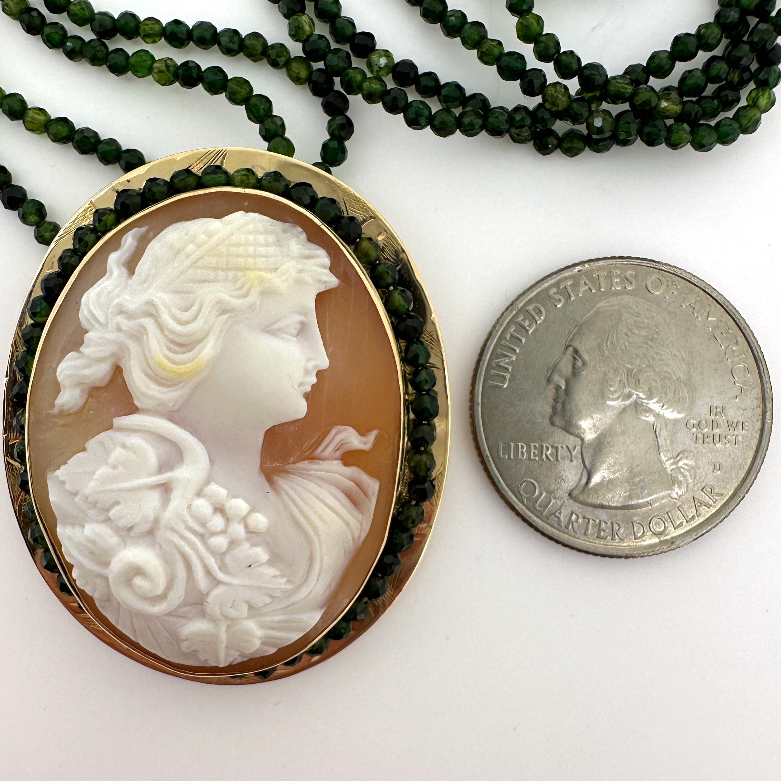 Two-Strand Green Tourmaline Choker with Circa 1900 Bacchante Cameo Pendant For Sale 8