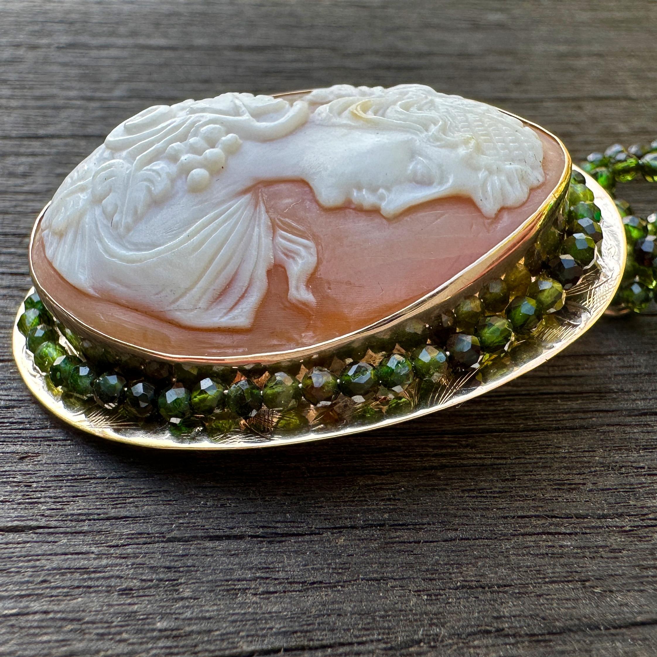 Two-Strand Green Tourmaline Choker with Circa 1900 Bacchante Cameo Pendant In Good Condition For Sale In Sherman Oaks, CA