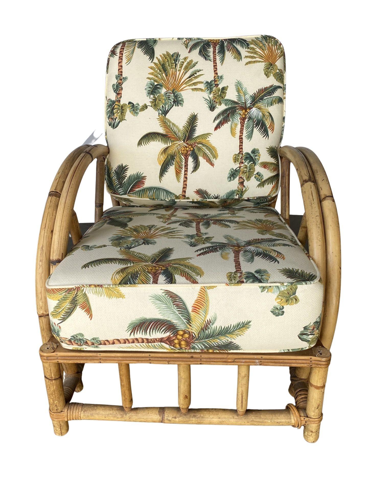 Mid-20th Century Restored 2-Strand Half Moon Rattan Lounge Chair w/ Adjustable Back & Ottoman For Sale